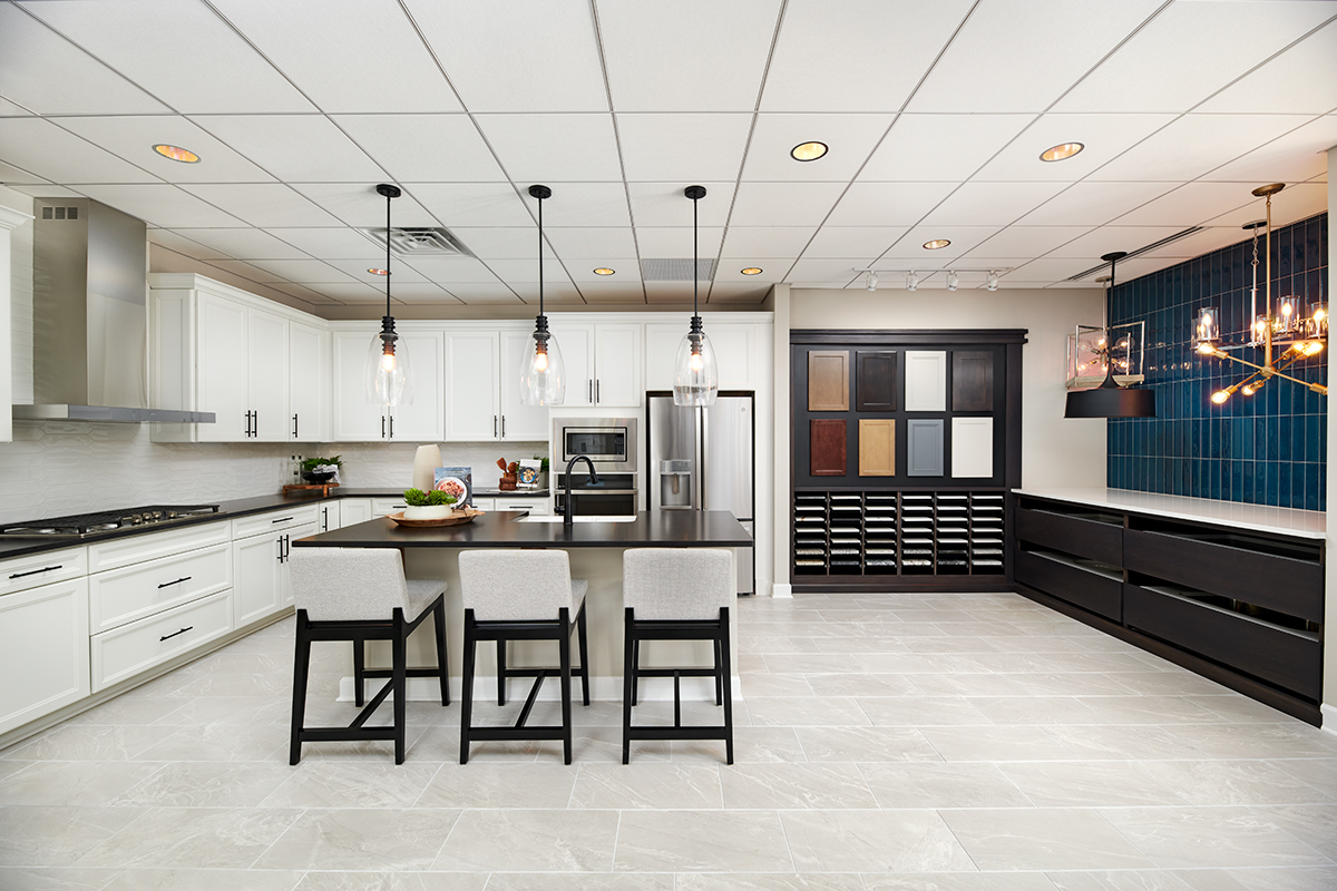 Home Gallery room with full kitchen, cabinet samples, and lighting examples