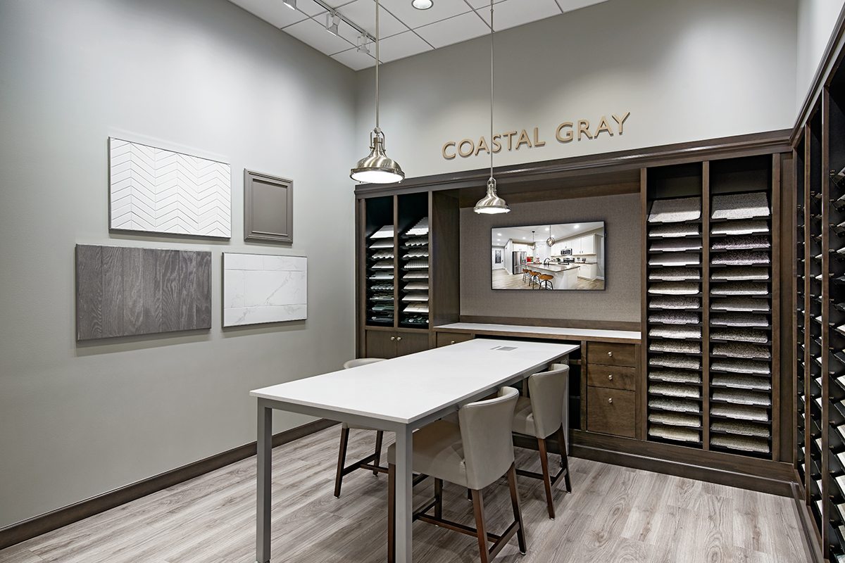 Coastal Grey Color Studio room with tile, countertop, cabinet, and flooring samples