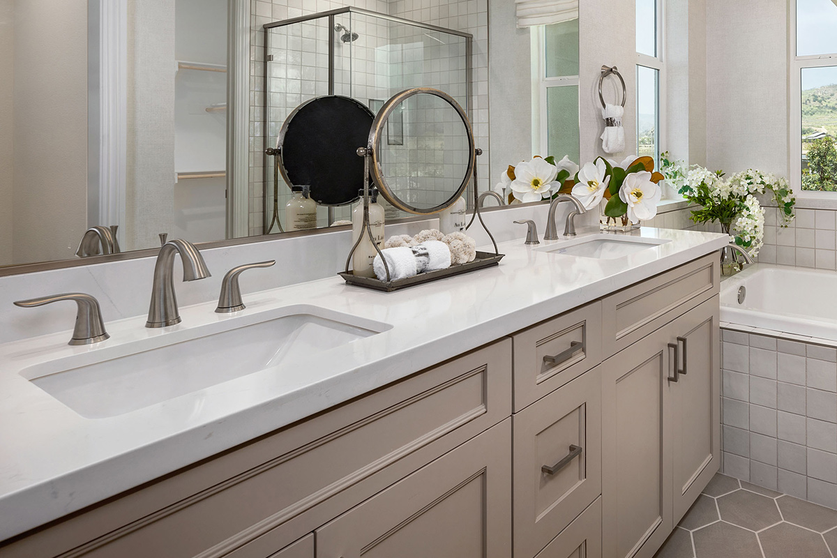 Vanity with two sinks below large mirror showing reflection of shower stall and closet