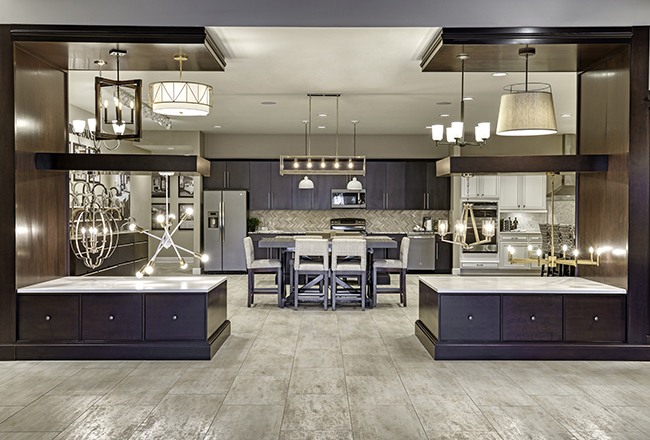 Home Gallery room with lighting options displayed and display kitchen
