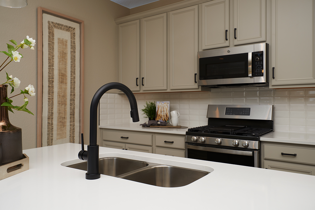 Black kitchen sink faucet over double sink