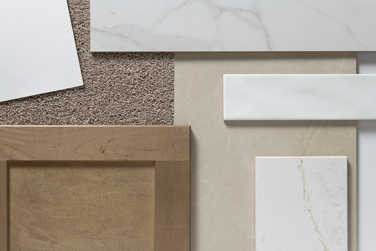 Collage of various tile and cabinet options